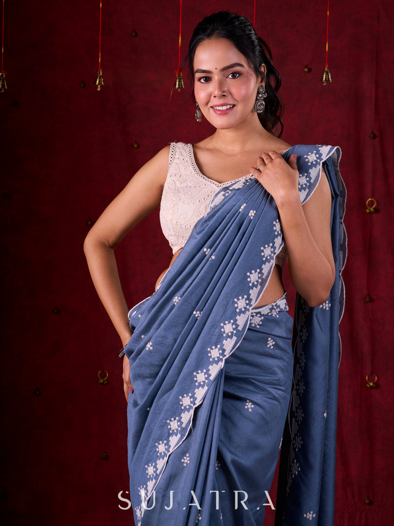 Steel Grey Chanderi Saree with Delicate Embroidered Butta & Scalloped Detailing