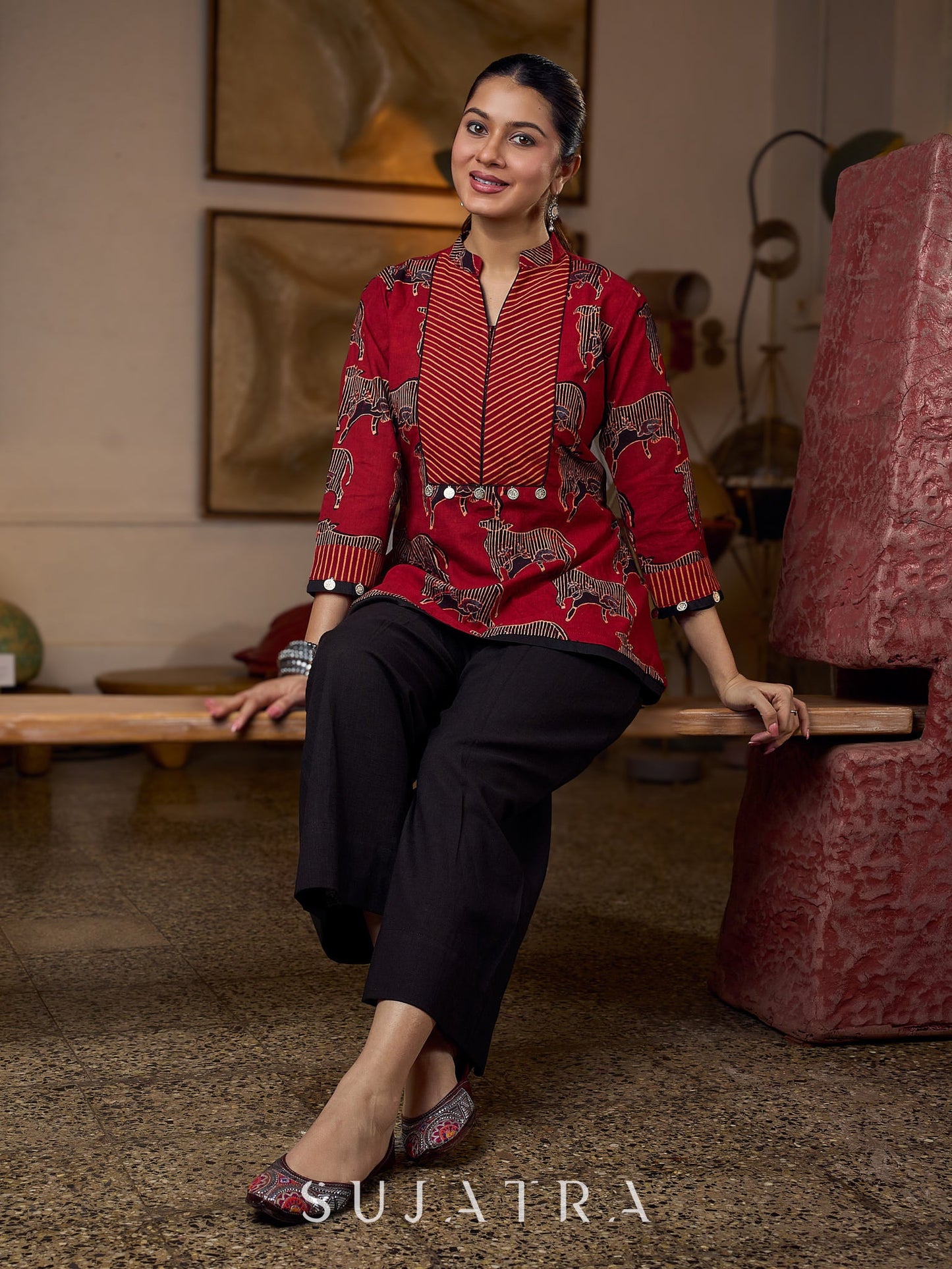 Luxe Maroon Ajrakh Animal Motif Top with Maroon Line Yoke and Silver Embellishments