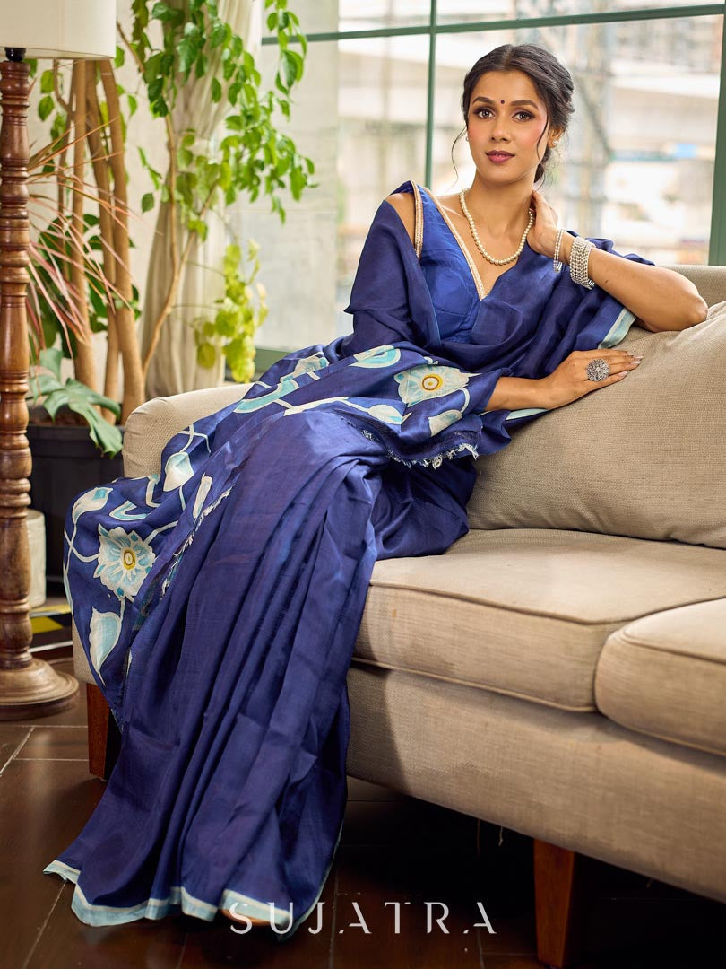 Minimalist Navy Pure Silk Saree with Painted Floral Pallu & Light Blue Trim