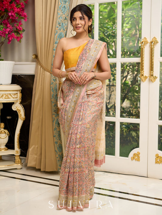 Pure Chanderi hand block printed saree in pastel floral poetry