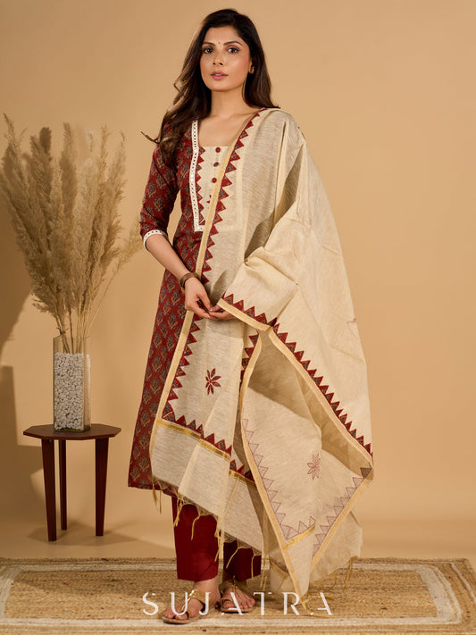 Rustic Radiance Kurta Set with Artisan Appliqué Yoke and Dupatta