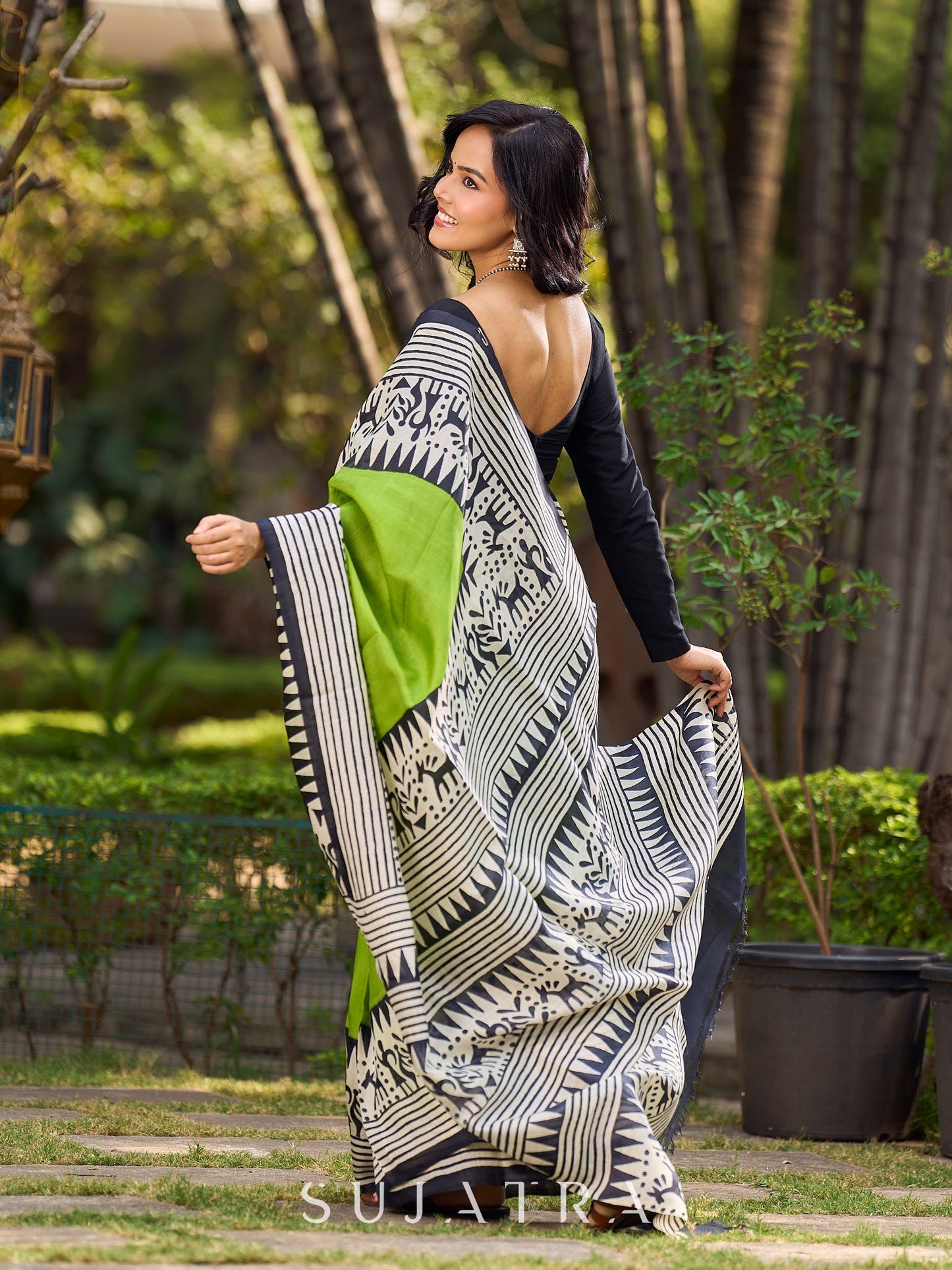 Handloom Green Pure Silk Block Printed Saree with Black & White Warli Motifs