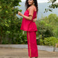 Blush Brocade Pleated Cotton-Silk Top with Additional Slit Pants