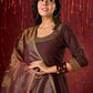 Exquisite Dark Brown Cotton Silk Kali Anarkali with Minimal Hand-Embroidered Neckline & Sleeves