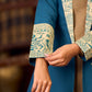 Elegant Teal Cotton Long Jacket Accented with Madhubani Printed Collar, Cuffs and Pocket Flap