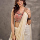 Cream and Rust Cotton Printed Sleeveless Blouse with Black Lace Detail