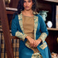 Elegant Teal Cotton Long Jacket Accented with Madhubani Printed Collar, Cuffs and Pocket Flap