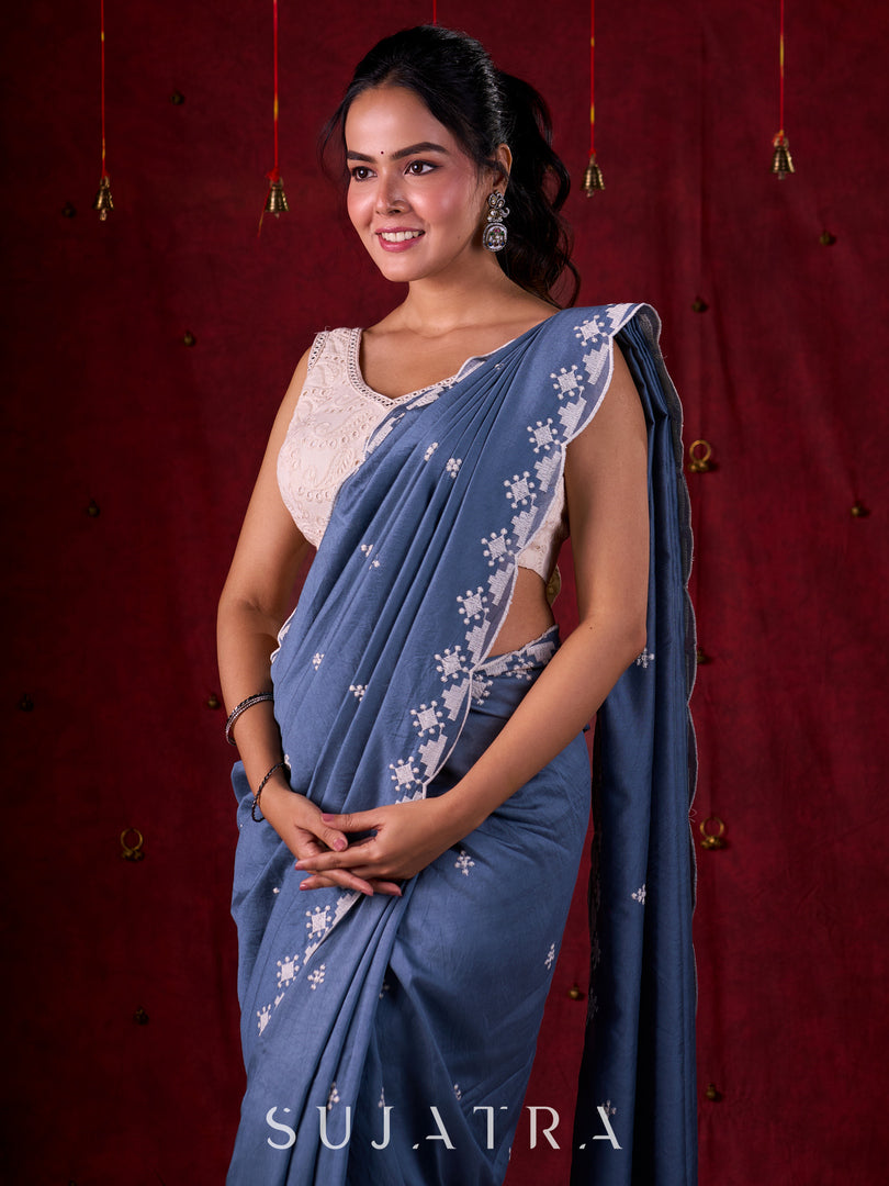Steel Grey Chanderi Saree with Delicate Embroidered Butta & Scalloped Detailing