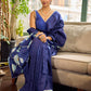 Minimalist Navy Pure Silk Saree with Painted Floral Pallu & Light Blue Trim