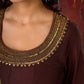 Exquisite Dark Brown Cotton Silk Kali Anarkali with Minimal Hand-Embroidered Neckline & Sleeves