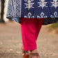 Indigo Floral Kurta with Playful Stripe Print and Magenta Hand Mirror Work on Overlapping Neckline