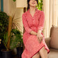 Peach and red block print stripe-floral shirt dress with fusion hand block printed stripes and jaal, a notch collar, and coordinated red accents for a vibrant, contemporary look.