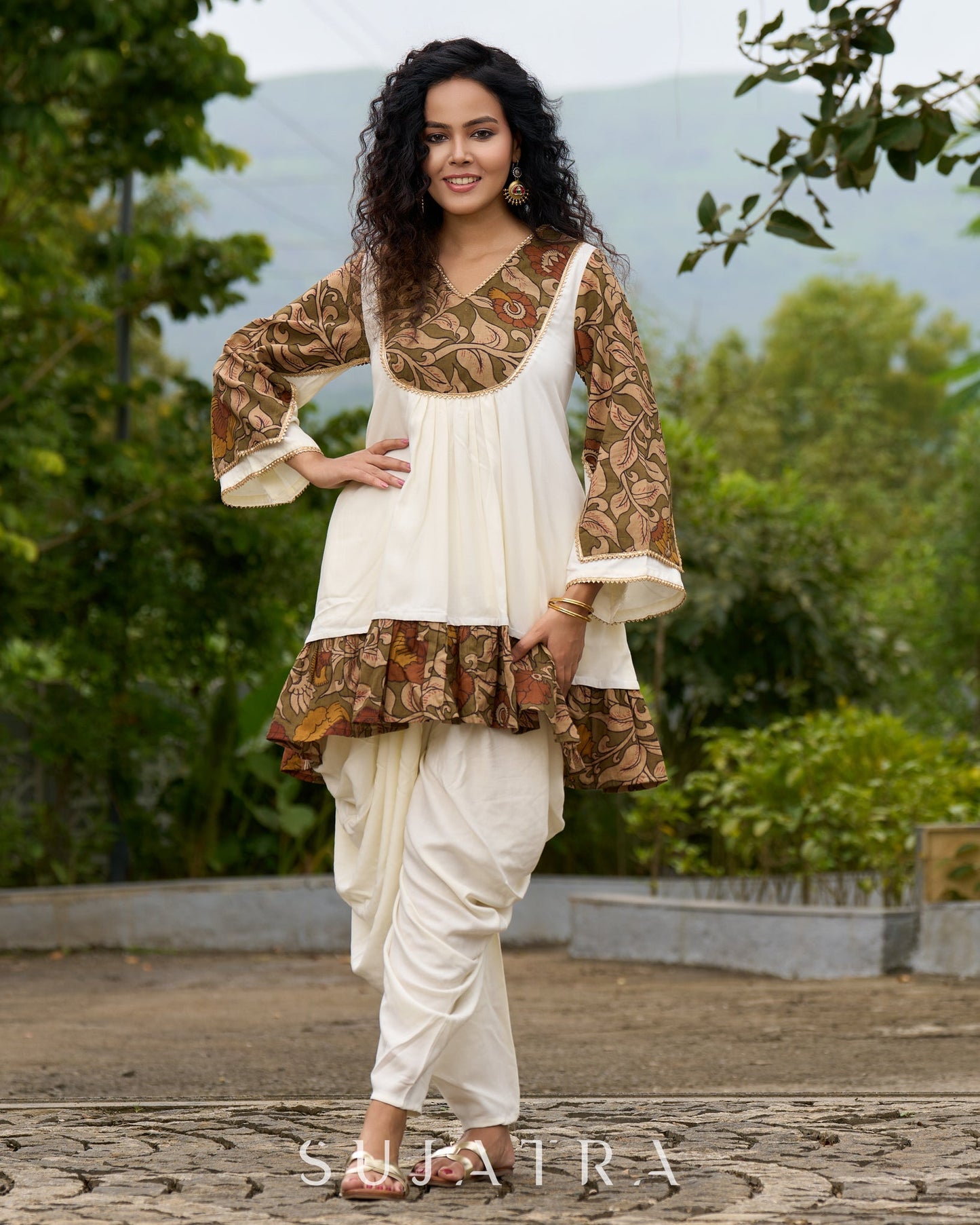 Boho Kalamkari Flared Short Tunic with Statement Sleeves  - Dhoti Pant Additional