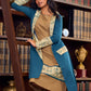 Elegant Teal Cotton Long Jacket Accented with Madhubani Printed Collar, Cuffs and Pocket Flap