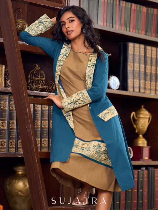 Elegant Teal Cotton Long Jacket Accented with Madhubani Printed Collar, Cuffs and Pocket Flap