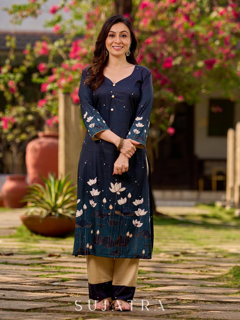 Stunning bottle green kurta adorned with a cream lotus midnight-inspired print.