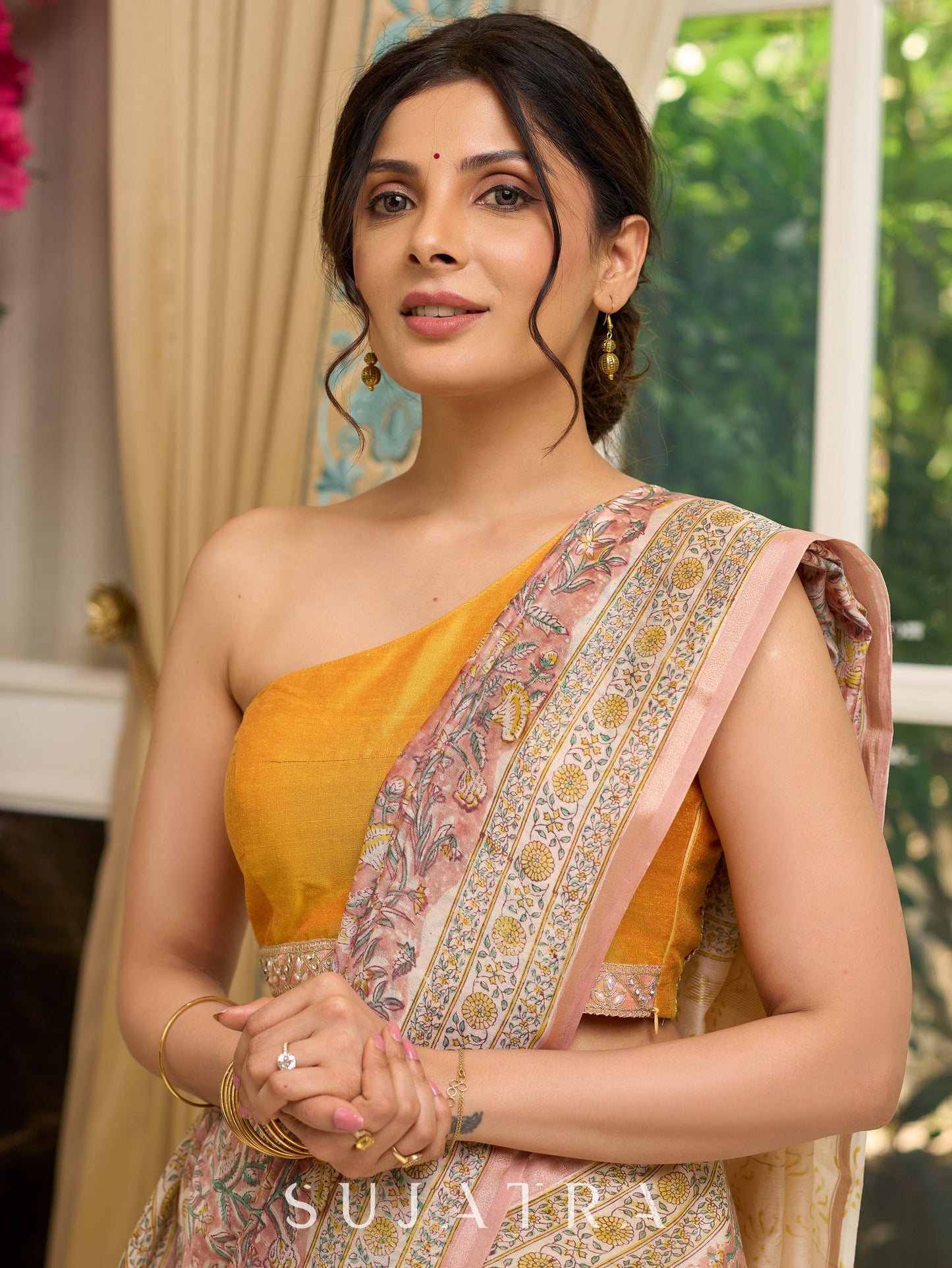 Pure Chanderi hand block printed saree in pastel floral poetry