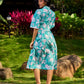 Sea Green Floral Cotton Dress with Lace-Trimmed Neckline and Puffy Sleeves