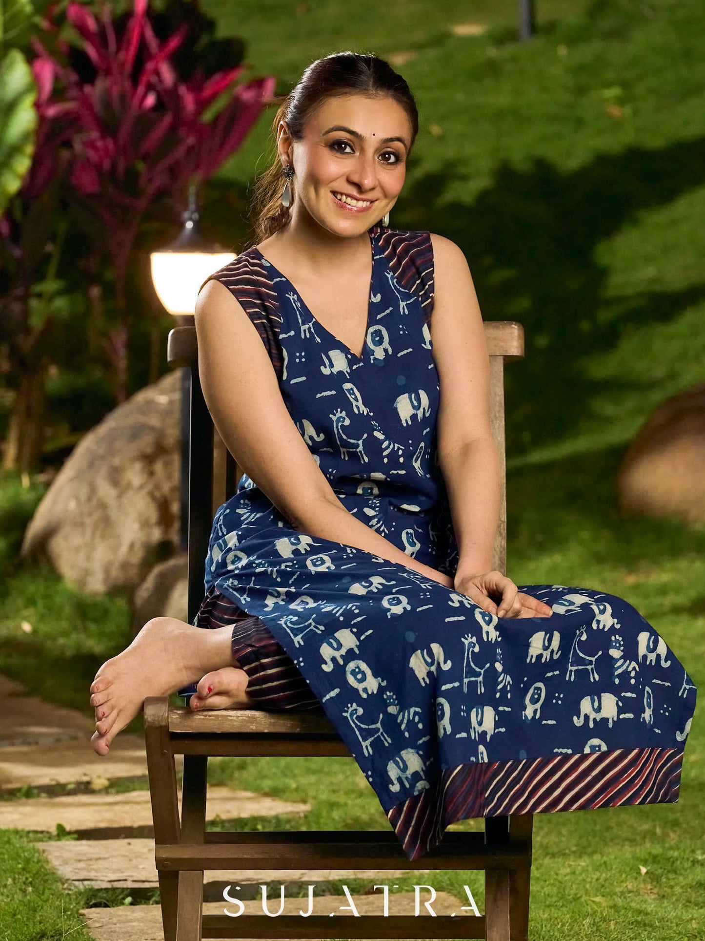 Modern Indigo Sleeveless Kurta with Playful Animal and Stripe Design