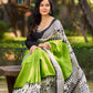 Handloom Green Pure Silk Block Printed Saree with Black & White Warli Motifs