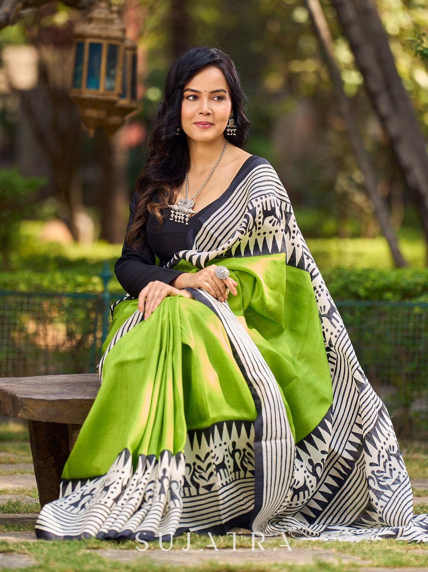 Handloom Green Pure Silk Block Printed Saree with Black & White Warli Motifs