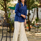 Navy Cotton Shirt Featuring Fine Pintuck Detailing & Statement Sleeves and Collar