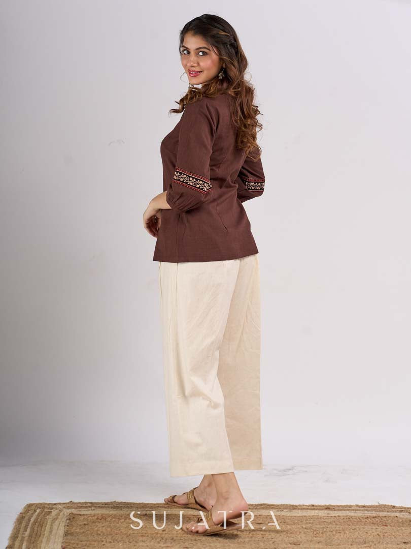 Classic Brown Cotton Top with Contemporary Neckline Highlighted with Ajrakh Border