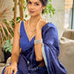 Minimalist Navy Pure Silk Saree with Painted Floral Pallu & Light Blue Trim