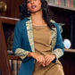 Elegant Teal Cotton Long Jacket Accented with Madhubani Printed Collar, Cuffs and Pocket Flap