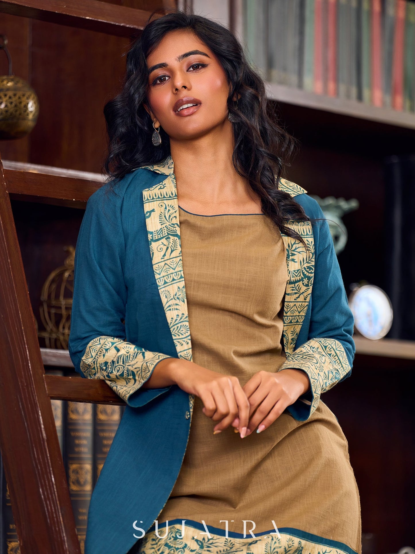 Elegant Teal Cotton Long Jacket Accented with Madhubani Printed Collar, Cuffs and Pocket Flap