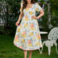 Luminous White Cotton Floral Dress with Square Neck, Contrasting Pink Accents, Flared Silhouette & Voluminous Puffy Sleeves