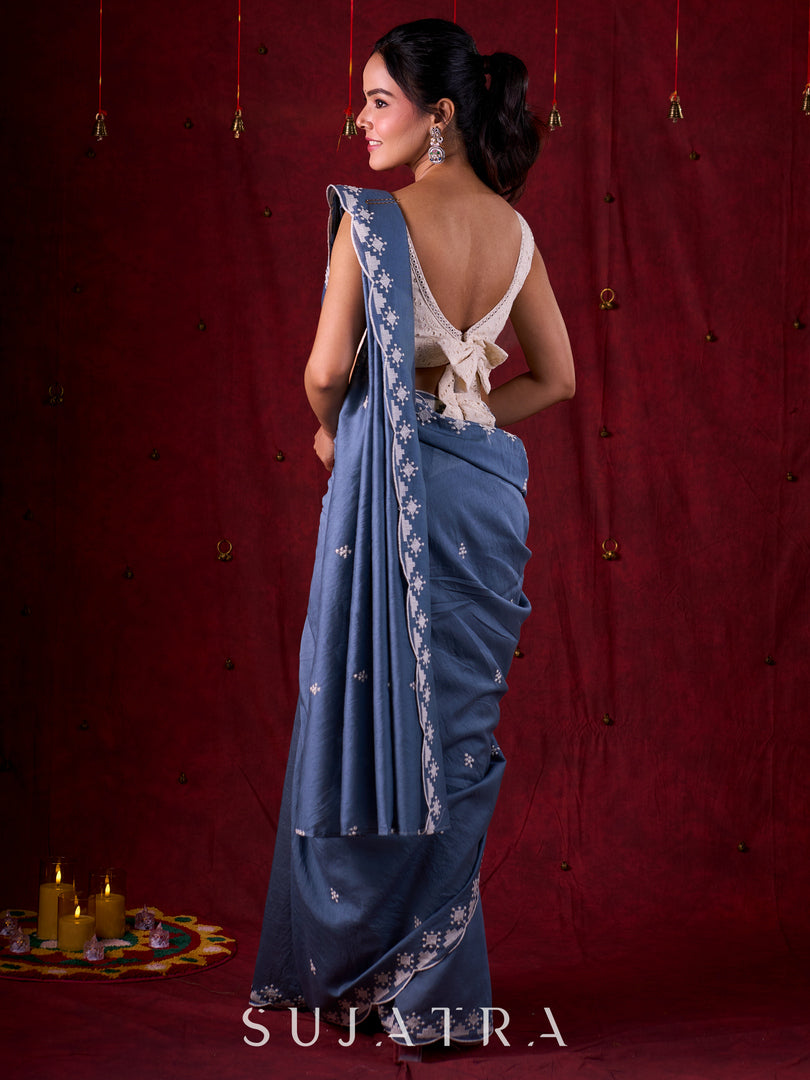 Steel Grey Chanderi Saree with Delicate Embroidered Butta & Scalloped Detailing