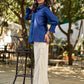 Navy Cotton Shirt Featuring Fine Pintuck Detailing & Statement Sleeves and Collar