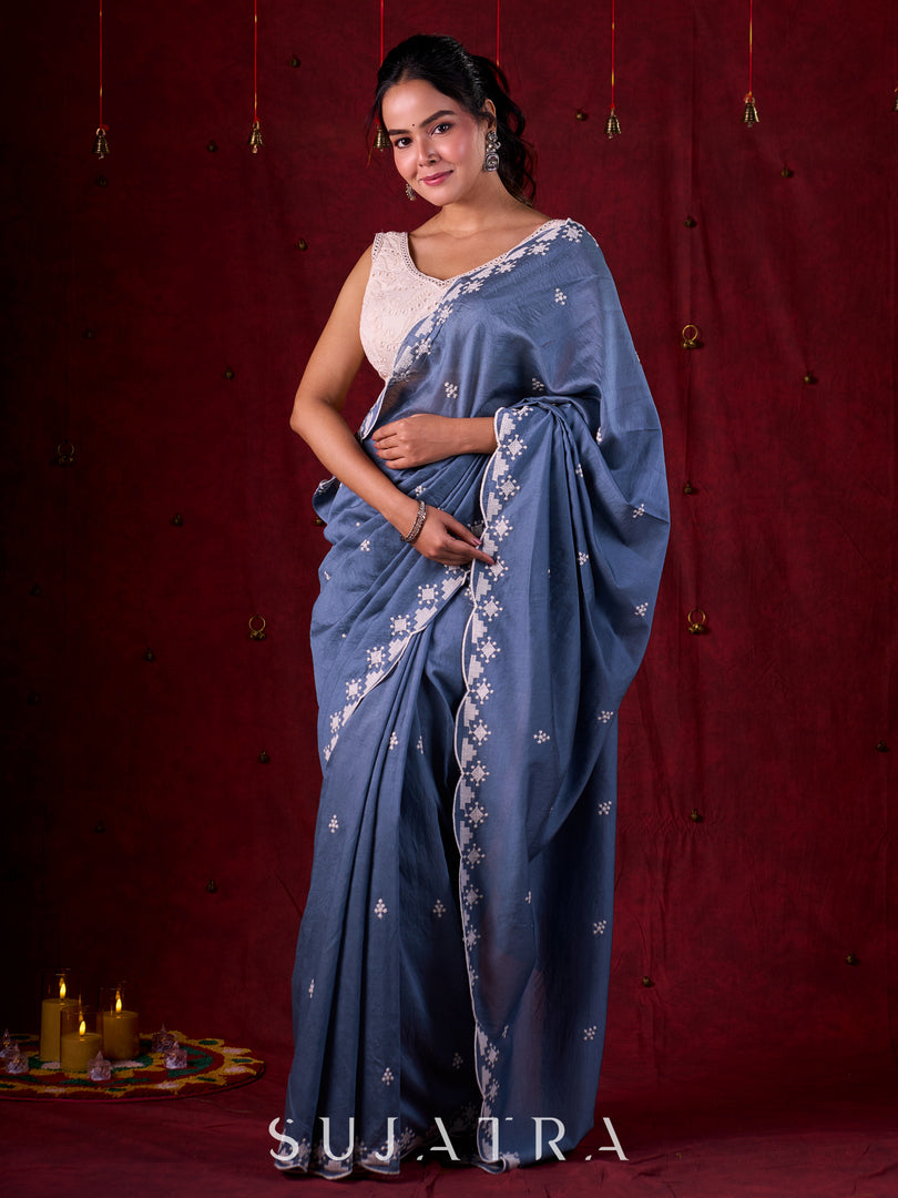 Steel Grey Chanderi Saree with Delicate Embroidered Butta & Scalloped Detailing