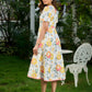 Luminous White Cotton Floral Dress with Square Neck, Contrasting Pink Accents, Flared Silhouette & Voluminous Puffy Sleeves