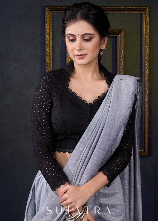 Smart Black Hakoba Cotton Blouse  - Optional Plain Saree