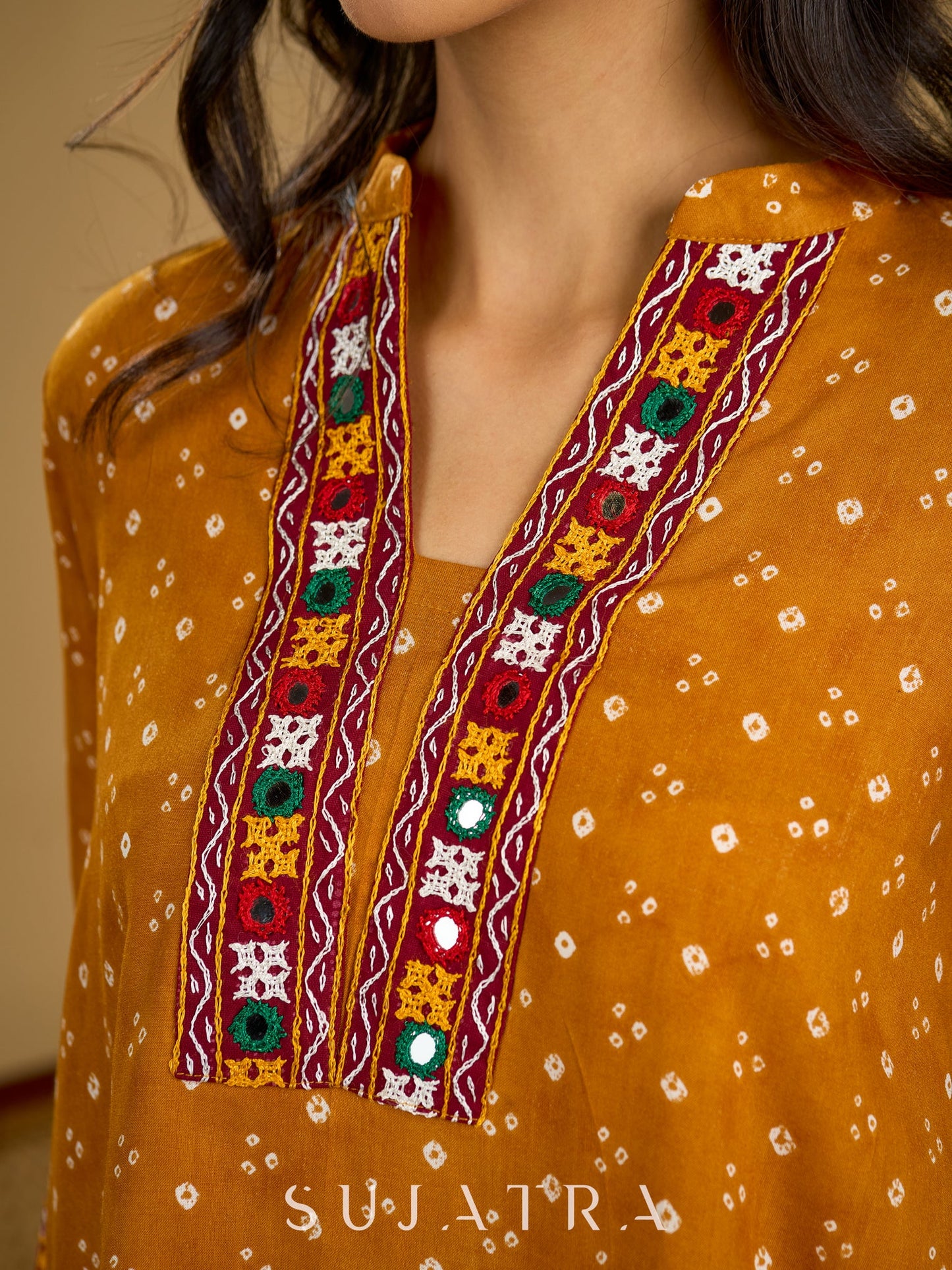 Ethnic handcrafted mirror work bandhani rayon top