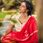 Striking Red Cotton Saree with Minimal Floral & Polka Print