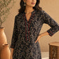 Ebony Black Floral Printed Cotton Kurta with Collared Neckline & Maroon Accents