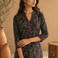 Ebony Black Floral Printed Cotton Kurta with Collared Neckline & Maroon Accents