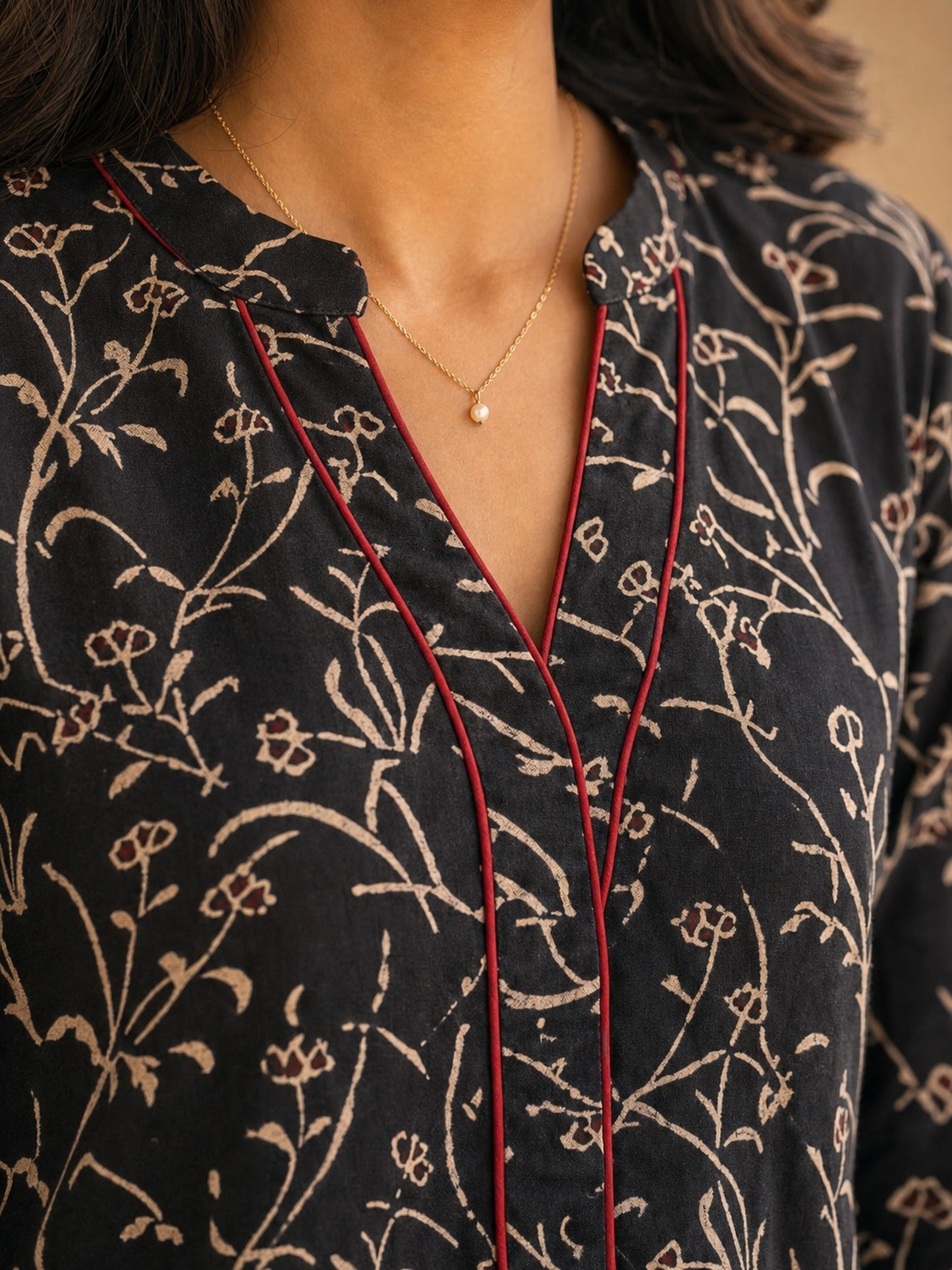Ebony Black Floral Printed Cotton Kurta with Collared Neckline & Maroon Accents