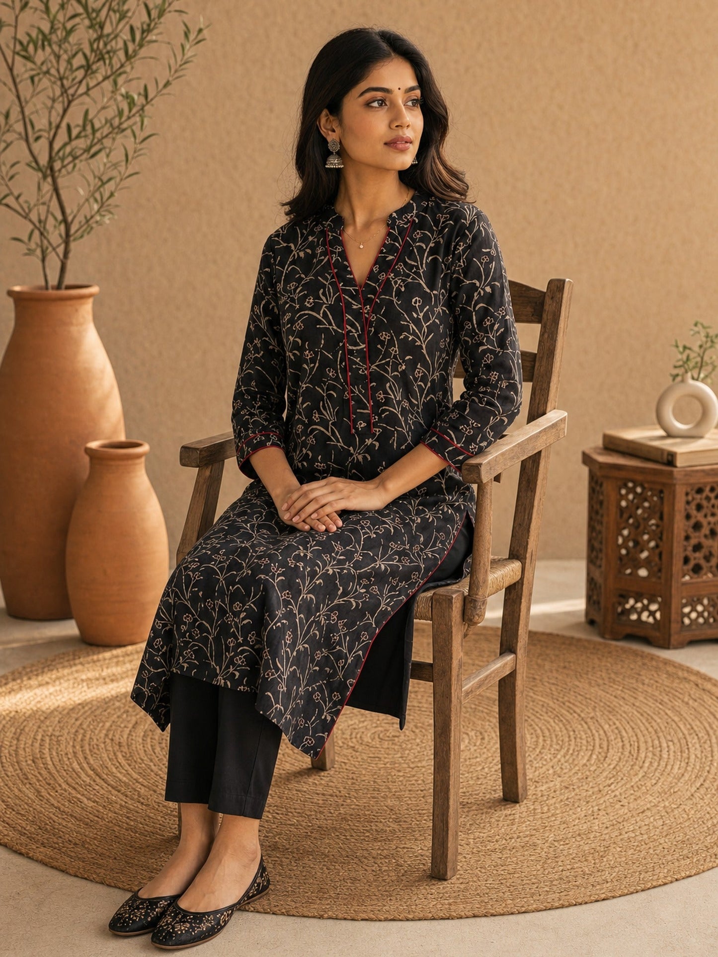 Ebony Black Floral Printed Cotton Kurta with Collared Neckline & Maroon Accents