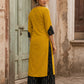 Bold Mustard Cotton Kurta with Black Ikat V-Yoke & Floral Embroidery with Pearl Accent Detail