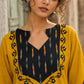 Bold Mustard Cotton Kurta with Black Ikat V-Yoke & Floral Embroidery with Pearl Accent Detail