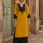 Bold Mustard Cotton Kurta with Black Ikat V-Yoke & Floral Embroidery with Pearl Accent Detail