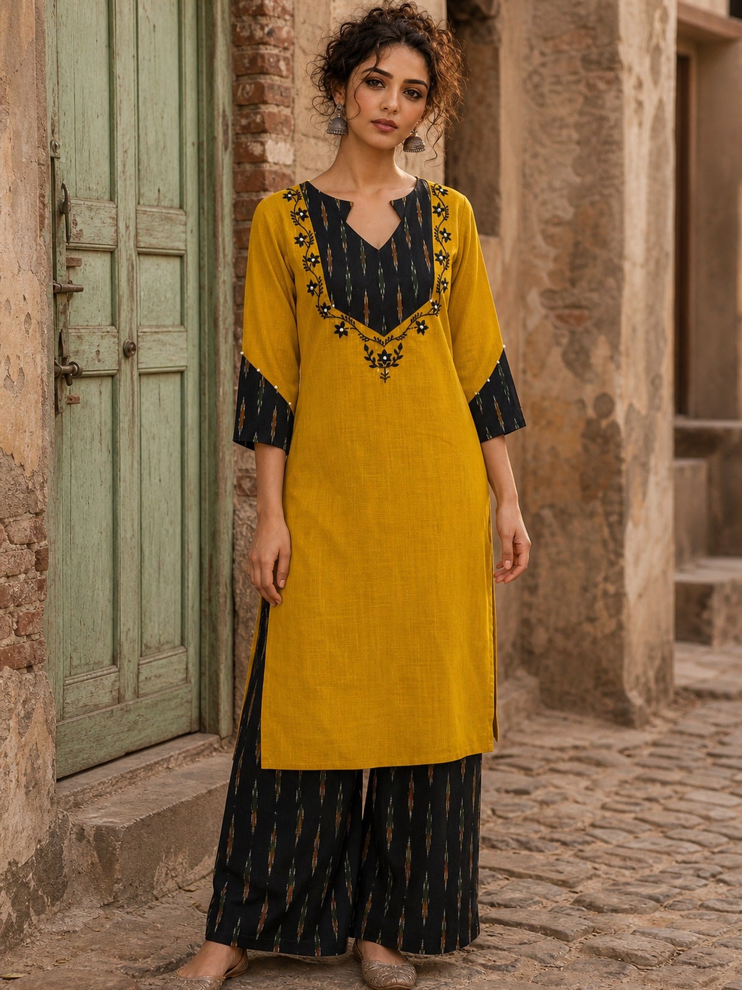 Bold Mustard Cotton Kurta with Black Ikat V-Yoke & Floral Embroidery with Pearl Accent Detail