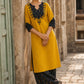 Bold Mustard Cotton Kurta with Black Ikat V-Yoke & Floral Embroidery with Pearl Accent Detail