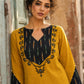 Bold Mustard Cotton Kurta with Black Ikat V-Yoke & Floral Embroidery with Pearl Accent Detail