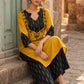 Bold Mustard Cotton Kurta with Black Ikat V-Yoke & Floral Embroidery with Pearl Accent Detail