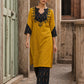 Bold Mustard Cotton Kurta with Black Ikat V-Yoke & Floral Embroidery with Pearl Accent Detail
